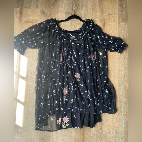 Free People With Love mesh Floral Mini Dress Black sheer Size S Boho Romantic - Picture 4 of 8